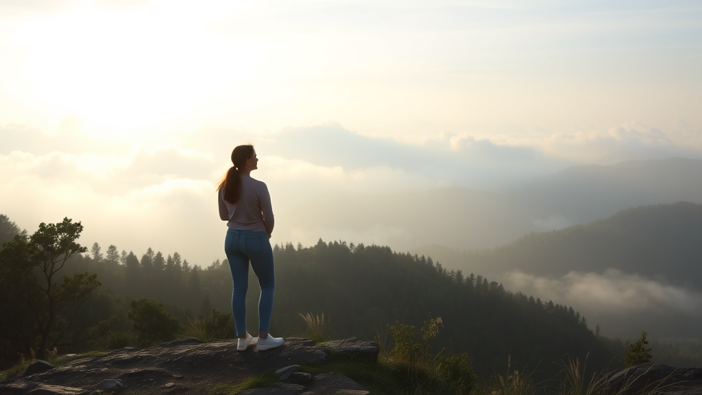 Peaceful person standing at misty mountain overlook with morning light breaking through clouds, serene landscape, soft pastels, no text no words no letters