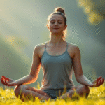 Serene person meditating in soft morning light, peaceful expression, calming blues and greens, tranquil atmosphere, no text no words no letters