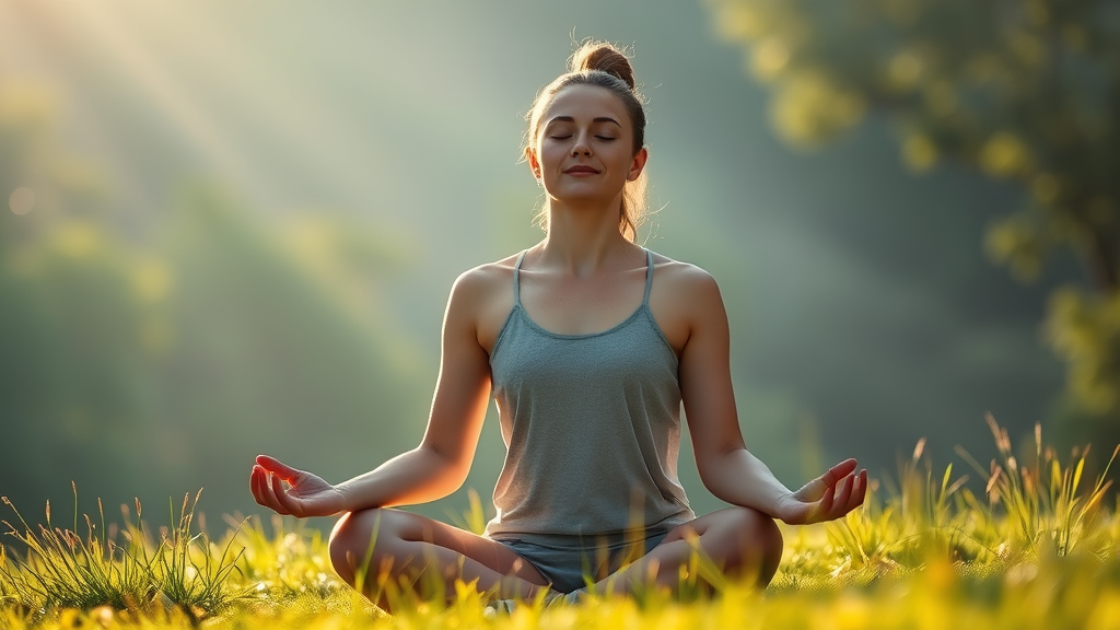 Serene person meditating in soft morning light, peaceful expression, calming blues and greens, tranquil atmosphere, no text no words no letters