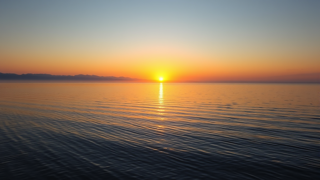 Peaceful sunrise over calm lake with soft golden light reflecting on water creating serene atmosphere for mental clarity no text no words no letters