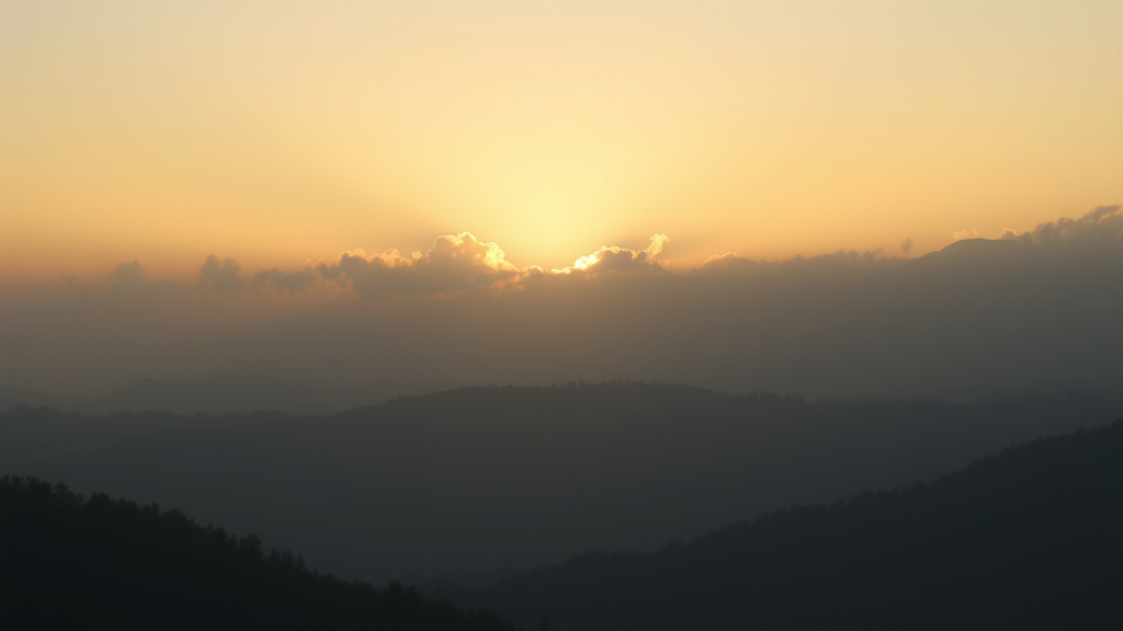 Peaceful mountain sunrise with soft golden light filtering through misty clouds creating sense of hope and tranquility no text no words no letters