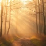 Soft morning light filtering through misty forest path, warm golden tones, peaceful serenity, mental wellness concept, no text no words no letters