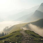 Peaceful mountain path disappearing into soft morning mist, gentle sunlight filtering through, serene landscape representing journey through uncertainty, no text no words no letters