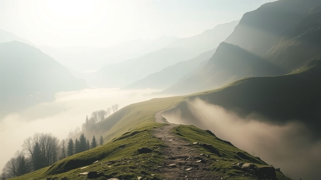 Peaceful mountain path disappearing into soft morning mist, gentle sunlight filtering through, serene landscape representing journey through uncertainty, no text no words no letters