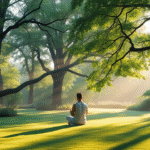 Peaceful meditation garden with soft morning light filtering through trees, person sitting serenely, calming blues and greens, no text no words no letters