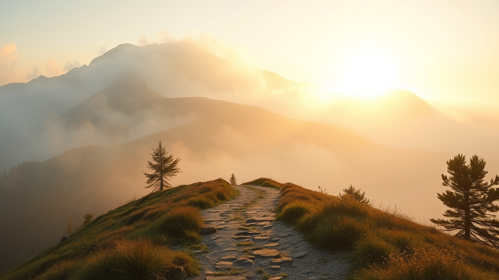 Peaceful mountain path emerging from morning mist with soft golden light and serene atmosphere no text no words no letters