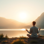 Peaceful person meditating in serene nature setting with soft morning light, mountains and calm lake, no text no words no letters