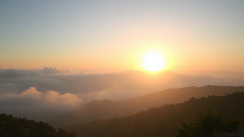 Peaceful sunrise over calm mountain landscape with misty clouds, soft golden light, serene atmosphere, mental clarity concept, no text no words no letters