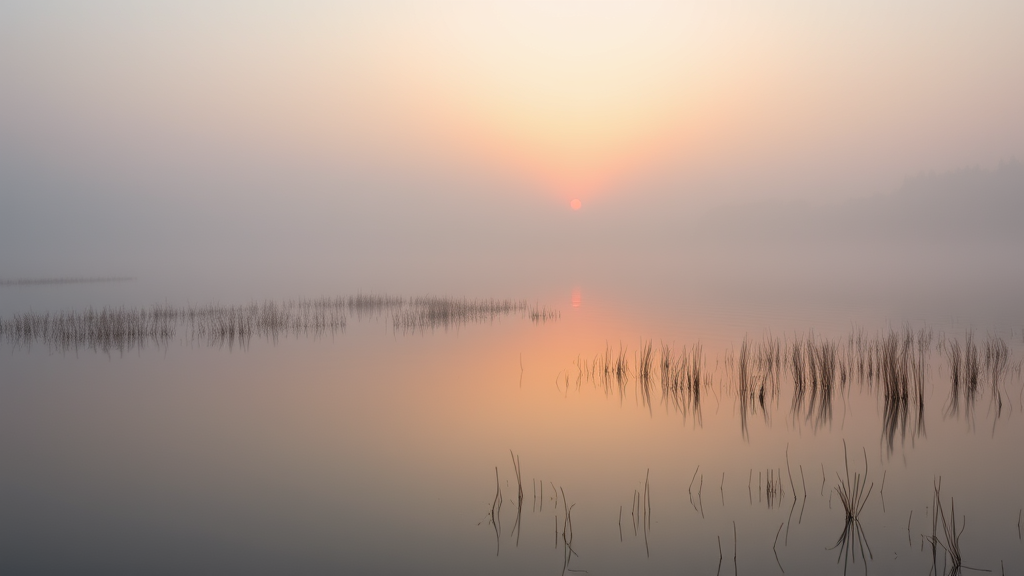 Peaceful sunrise through morning mist over calm lake reflecting light soft pastel colors serenity nature landscape no text no words no letters