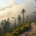 Peaceful mountain path through misty forest with soft morning light, representing journey through uncertainty, no text no words no letters