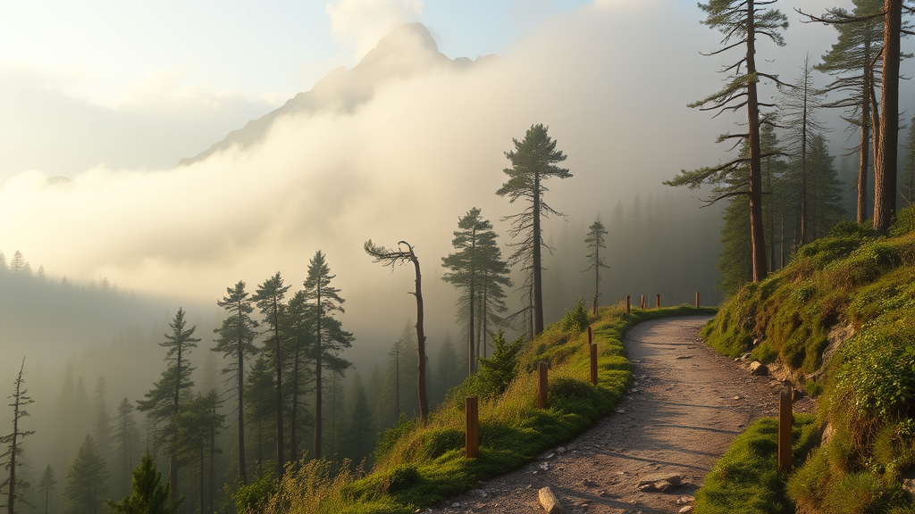Peaceful mountain path through misty forest with soft morning light, representing journey through uncertainty, no text no words no letters