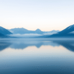 Serene mountain lake at dawn with soft mist, peaceful reflection, calming blue tones, tranquil nature scene, no text no words no letters