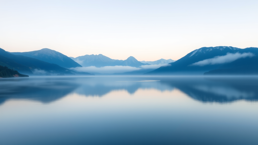 Serene mountain lake at dawn with soft mist, peaceful reflection, calming blue tones, tranquil nature scene, no text no words no letters