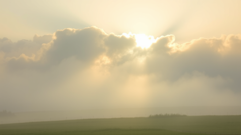 Soft misty morning landscape with gentle sunlight breaking through clouds symbolizing clarity emerging from uncertainty no text no words no letters