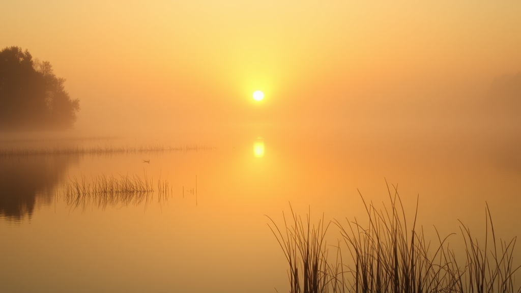 Peaceful sunrise through morning mist over calm lake reflecting soft golden light creating serene atmosphere of hope and clarity no text no words no letters