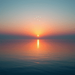 Peaceful sunrise over calm water with soft morning light reflecting, serene atmosphere promoting mental wellness and new beginnings, no text no words no letters