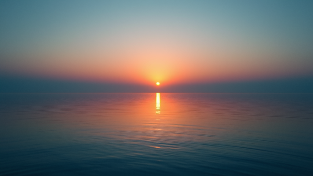 Peaceful sunrise over calm water with soft morning light reflecting, serene atmosphere promoting mental wellness and new beginnings, no text no words no letters