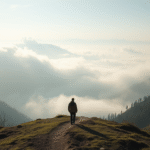 Peaceful mountain path disappearing into misty clouds, soft morning light, person walking forward confidently, serene landscape, no text no words no letters