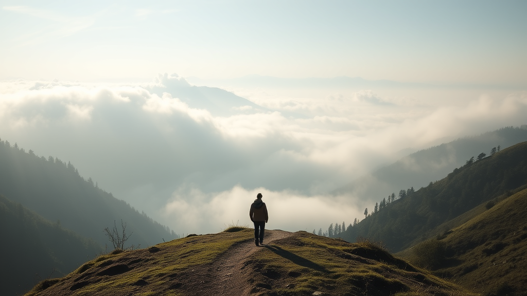Peaceful mountain path disappearing into misty clouds, soft morning light, person walking forward confidently, serene landscape, no text no words no letters