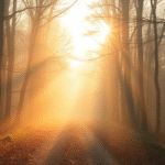 Peaceful misty forest path with soft golden sunlight filtering through trees, serene morning atmosphere, no text no words no letters