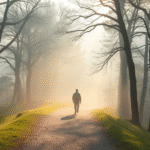 Peaceful mountain path with soft morning light filtering through trees, calm serenity, person walking forward into gentle mist, no text no words no letters