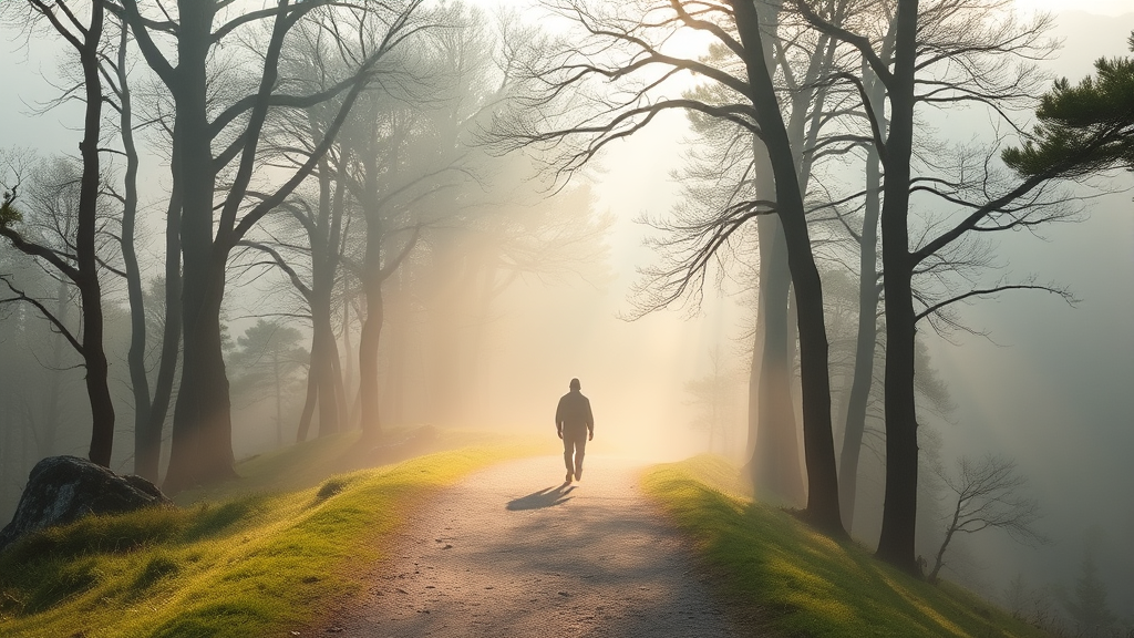 Peaceful mountain path with soft morning light filtering through trees, calm serenity, person walking forward into gentle mist, no text no words no letters