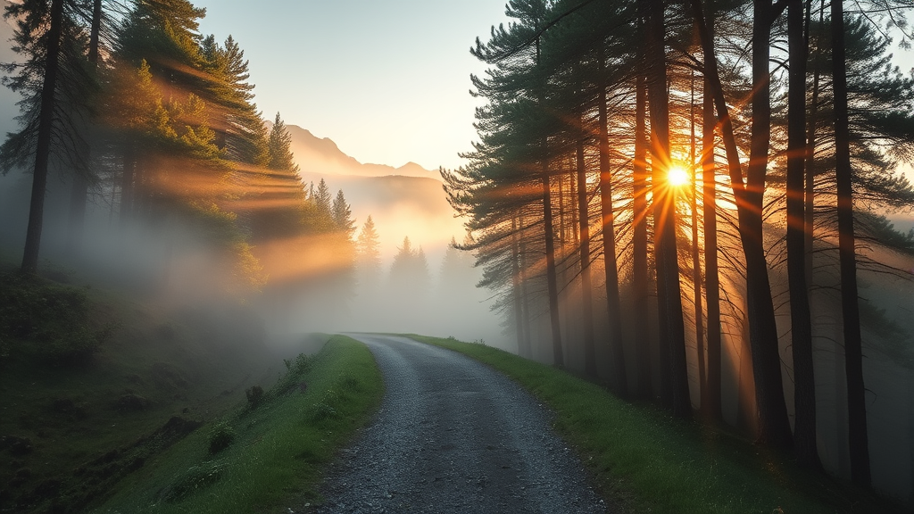 Peaceful mountain path with morning mist and golden sunlight filtering through trees, representing journey and clarity, no text no words no letters