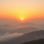 Peaceful sunrise over misty mountains, soft golden light, serene landscape symbolizing new beginnings and hope, no text no words no letters