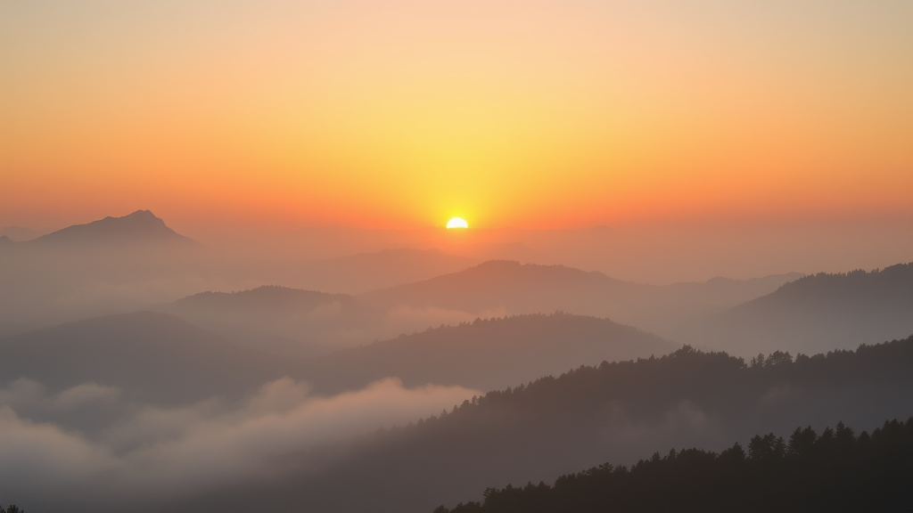 Peaceful sunrise over misty mountains, soft golden light, serene landscape symbolizing new beginnings and hope, no text no words no letters