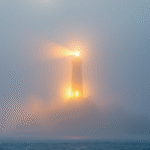Peaceful lighthouse beam cutting through misty ocean fog, soft golden light, serene coastal landscape, hope and guidance, no text no words no letters