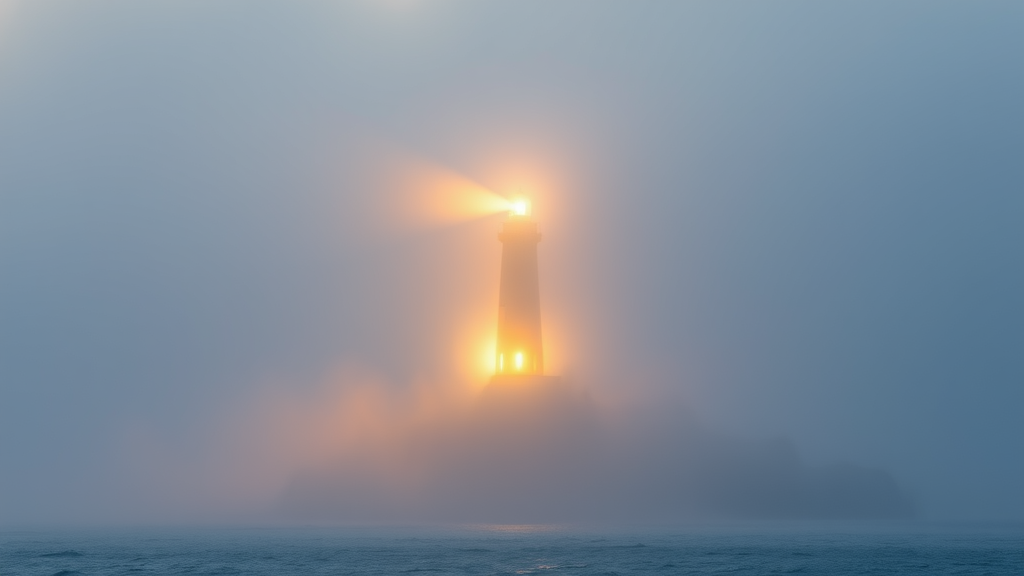 Peaceful lighthouse beam cutting through misty ocean fog, soft golden light, serene coastal landscape, hope and guidance, no text no words no letters