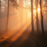 Soft dawn light breaking through misty forest path, warm golden tones, peaceful morning atmosphere, no text no words no letters