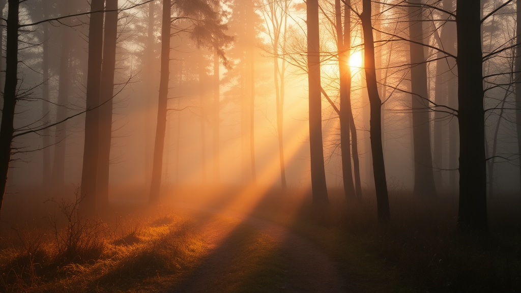 Soft dawn light breaking through misty forest path, warm golden tones, peaceful morning atmosphere, no text no words no letters