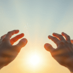 Soft morning light filtering through gentle hands reaching toward hope, calming blues and warm golds, peaceful mental wellness concept, no text no words no letters