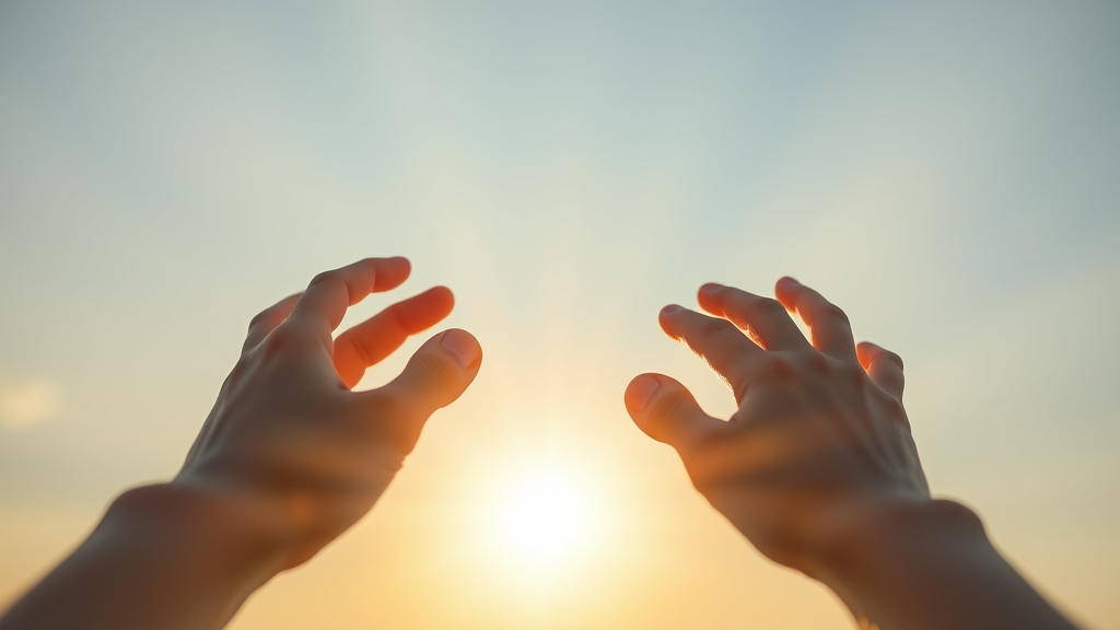 Soft morning light filtering through gentle hands reaching toward hope, calming blues and warm golds, peaceful mental wellness concept, no text no words no letters