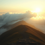 Serene mountain path disappearing into misty clouds, soft golden light filtering through, peaceful landscape symbolizing life journey, no text no words no letters