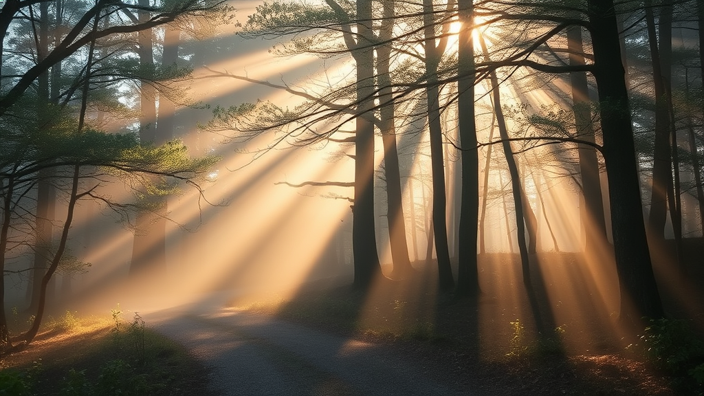 Soft morning light filtering through misty forest path, peaceful nature scene with gentle sunbeams, calming earth tones, serene atmosphere, no text no words no letters