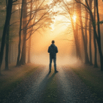 Person standing at crossroads path in misty forest with warm golden light filtering through trees representing life decisions no text no words no letters