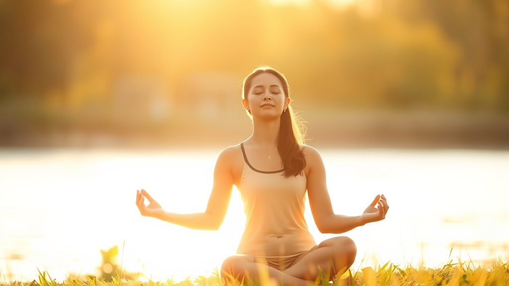 Peaceful person meditating in soft golden sunlight with serene natural background, calm contemplative mood, no text no words no letters