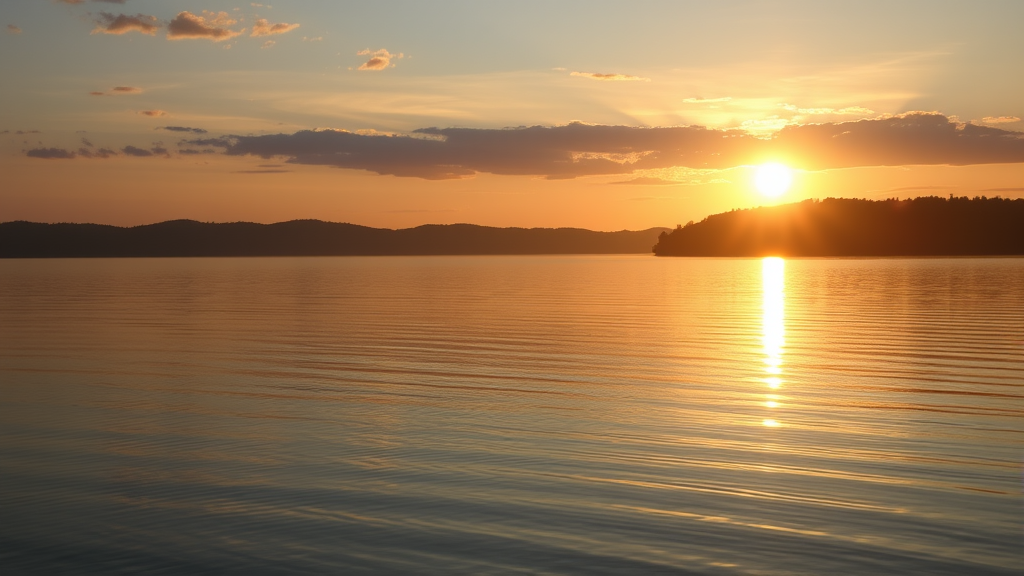 Peaceful sunrise over calm lake with soft golden light reflecting on water creating serene atmosphere no text no words no letters