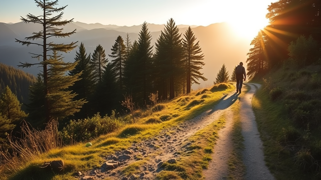 Serene mountain path leading toward bright horizon with soft morning light filtering through trees, peaceful journey concept, no text no words no letters