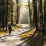 Serene person walking on winding forest path with dappled sunlight filtering through trees, peaceful contemplative atmosphere, soft warm lighting, no text no words no letters