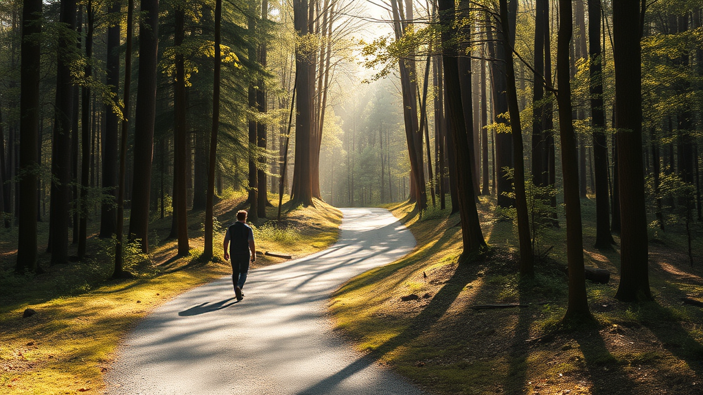 Serene person walking on winding forest path with dappled sunlight filtering through trees, peaceful contemplative atmosphere, soft warm lighting, no text no words no letters