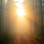 Peaceful morning sunrise through misty forest path representing clarity and hope soft golden lighting calming nature scene no text no words no letters