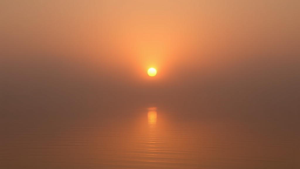 Peaceful sunrise breaking through morning mist over calm water, soft golden light, serenity and hope, no text no words no letters