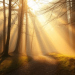 Soft morning light filtering through misty forest path, peaceful serenity, warm golden tones, no text no words no letters