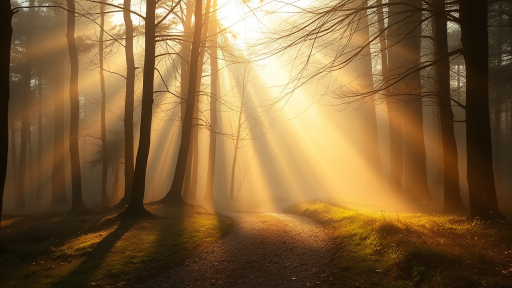 Soft morning light filtering through misty forest path, peaceful serenity, warm golden tones, no text no words no letters