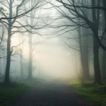 Peaceful misty forest path with soft morning light filtering through trees, serene and calming atmosphere, no text no words no letters