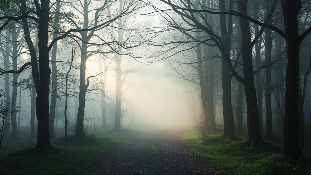 Peaceful misty forest path with soft morning light filtering through trees, serene and calming atmosphere, no text no words no letters