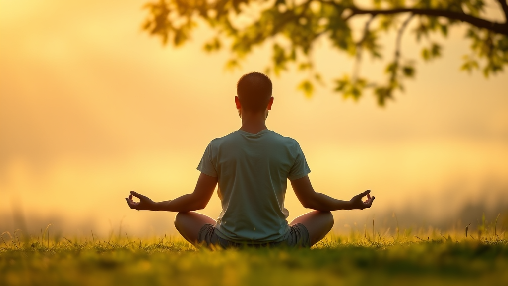 Peaceful person meditating in soft morning light with gentle nature background serene atmosphere no text no words no letters